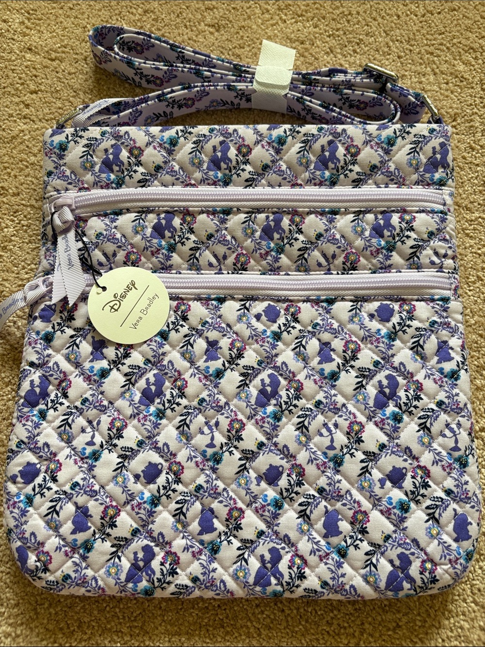Vera Bradley Disney Triple Zip Hipster Belle Floral Lavender Quilted Crossbody